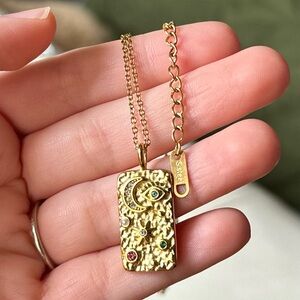 Gold Rectangular Pendant Necklace with Colorful Stones